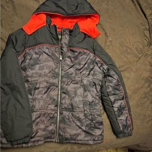 Gray and Red Puffer Jacket with Camouflage Pattern